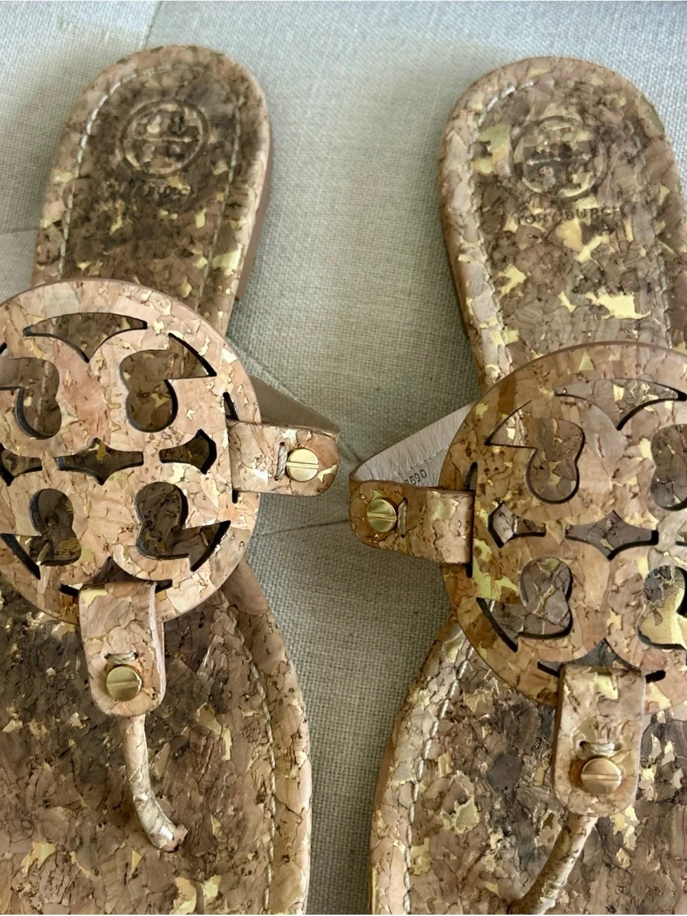 Tory Burch Cork Logo Thong Sandals in Natural Tan